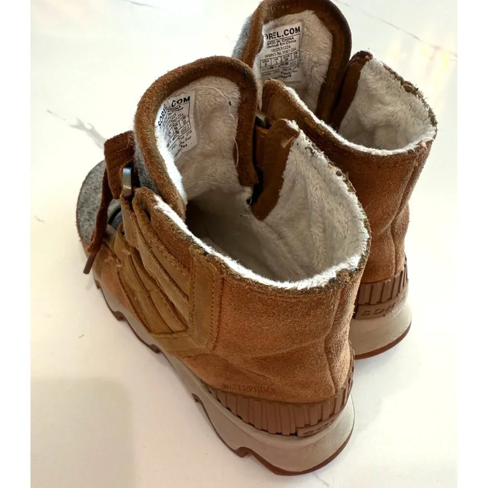 Sorel‎ Womens Kinetic Leather Ankle Boots Fur Lining Rubber Size 5 Brown Suede